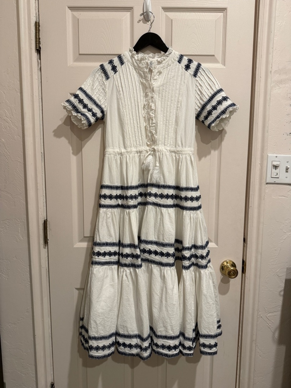 Ivy City Co. Santorini White Tiered 100% Cotton Dress with Navy Embroidered Trim